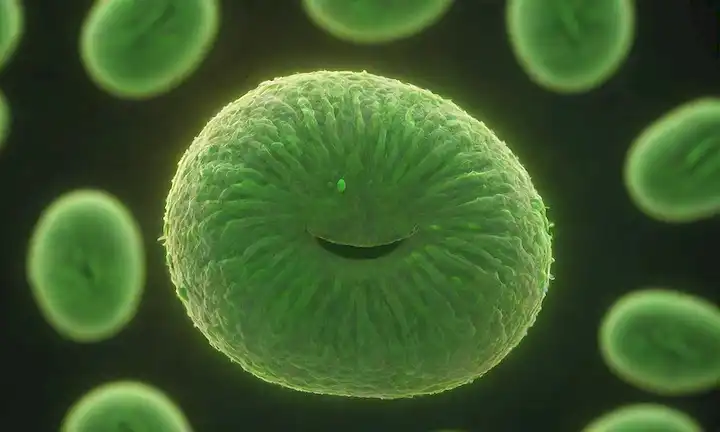 Celda 3D con vórtice giratoria, rodeada de mitocondria brillante, vibrante vía autofagia verde, membranas flotantes con caras sonrientes, rayos de luz suave iluminando los trabajos internos, escala microscópica, fondo gradiente sutil