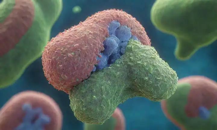 Células 3D con mitocondria y lysosomes, células que descomponen componentes celulares, factores de crecimiento y hormonas implicadas en el crecimiento celular, un fondo con un sutil gradiente de colores como azul a verde, bordes borrosos para transmitir un sentido de profundidad, formas abstractas que parecen estructuras moleculares, colores vibrantes para representar energía y vitalidad