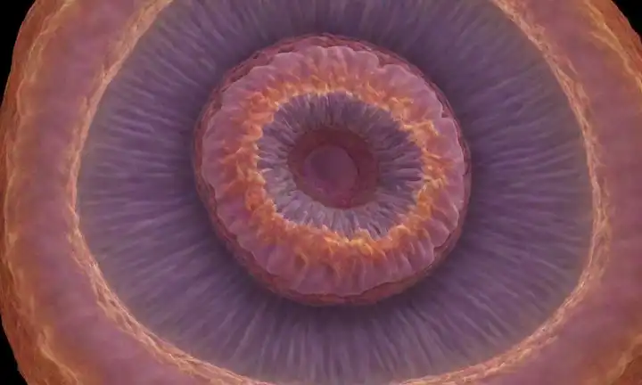 Celular con un núcleo brillante y brillante, rodeado de organelas en varias etapas de fusión y degradación, una estructura dinámica de membrana, una mitocondria prominente con membranas rotas, tubulos de reticulum endoplasmático y lysosomes en el proceso de envolvimiento celular