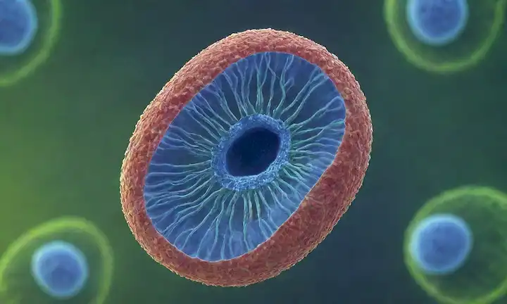 ilustración 3D de una célula con citoplasma azul brillante, rodeada de minúscula mitocondria y reticulum endoplasmático, con membranas verdes que se desarrollan para revelar estructuras internas, en medio de un fondo sutil gradiente con patrones de agitación de ADN, lo que implica crecimiento celular y renovación