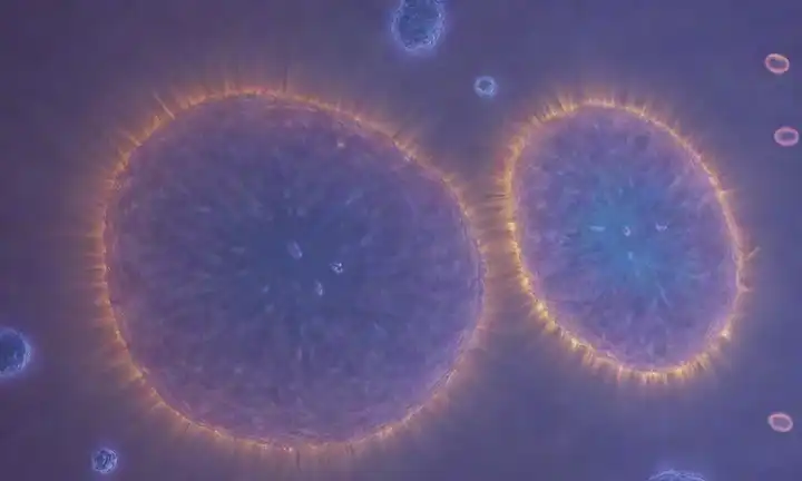 Un paisaje celular con células pequeñas y brillantes en varias etapas de mitosis, rodeado de sutiles toques de núcleo, hilos de cromatina y membranas plasmáticas, enmarcados en un fondo azul o púrpura suave para transmitir un sentido de profundidad y dimensionalidad, tal vez con algunas células grandes con núcleos prominentes o organelles para mayor interés visual