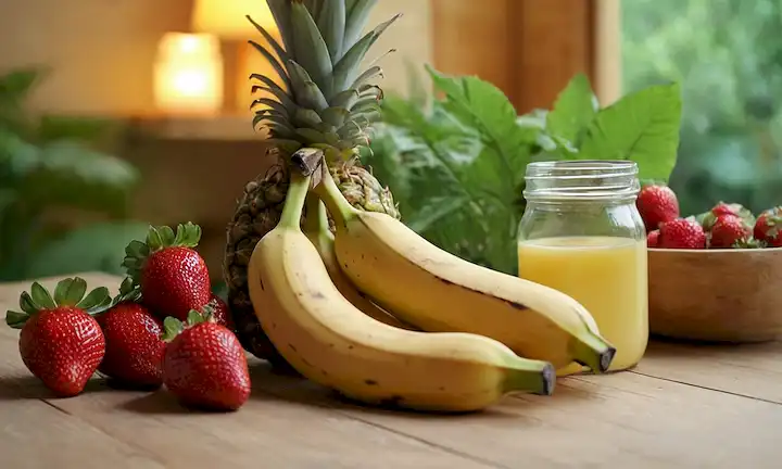 3-5 frutas coloridas como plátanos, fresas y piñas sobre una mesa de madera rústica con un pequeño frasco de vidrio o tazón en el fondo lleno de un líquido de color claro, entorno natural con plantas o flores borrosas en la distancia