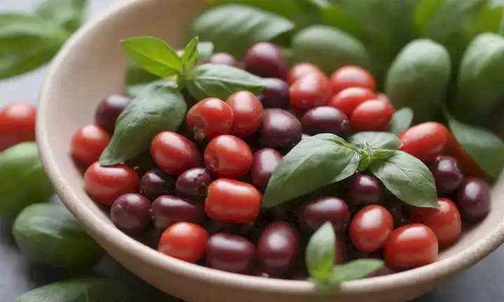 Un arreglo colorido de frijoles azuki, hierbas frescas como menta y albahaca, y verduras vibrantes como pimientos de campana, rodeado de un entorno natural con exuberante vegetación y suave luz caliente