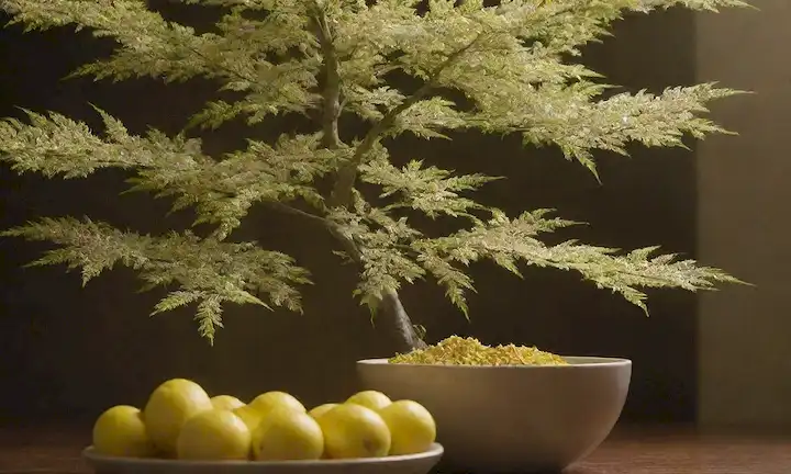 Árbol de arce japonés con flores blancas en plena floración, rodeado de un tazón de fruta amarilla brillante, con una luz cálida y texturas naturales