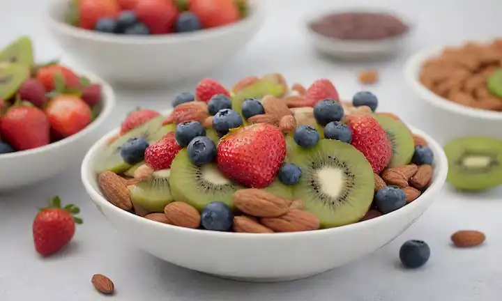 3-4 platos de fruta colorida con diferentes combinaciones de frijoles Azuki, frutas frescas (por ejemplo fresas, arándanos, kiwi), hojas verdes y nueces (por ejemplo, almendras, nueces) en un fondo blanco limpio, con un suave y borroso foco para crear un ambiente cálido y acogedor