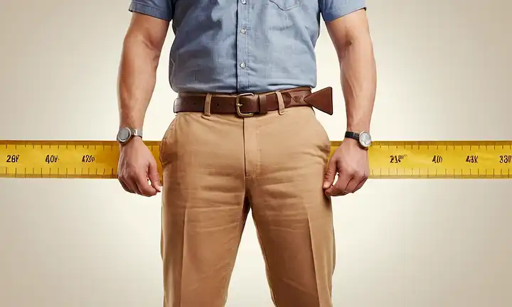 ilustración 3D, cuerpo masculino, pantalones, cinta, medida de cinta, flecha apuntando hacia abajo, expresión confiada, pose relajada, fondo con textura sutil, colores cálidos