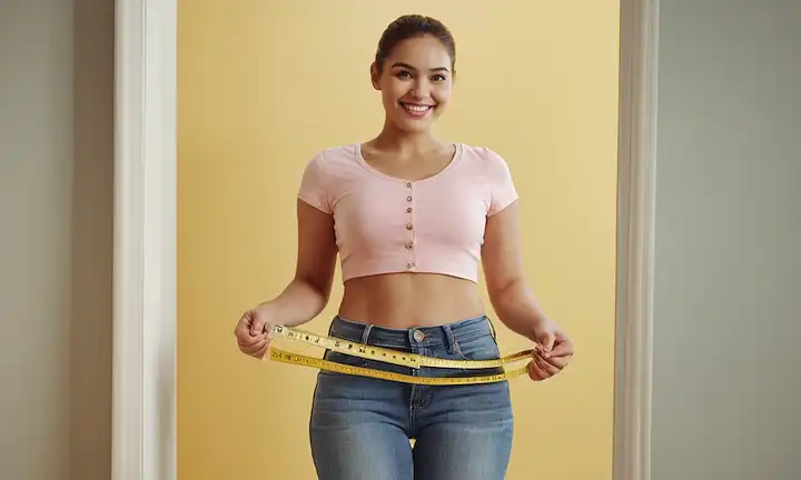 ilustración 3D de una persona con pantalones vaqueros, de pie delante de un espejo, tensando cinta de medición alrededor de la cintura, sonriendo con confianza, con sutil fondo gradiente, efecto de enfoque suave