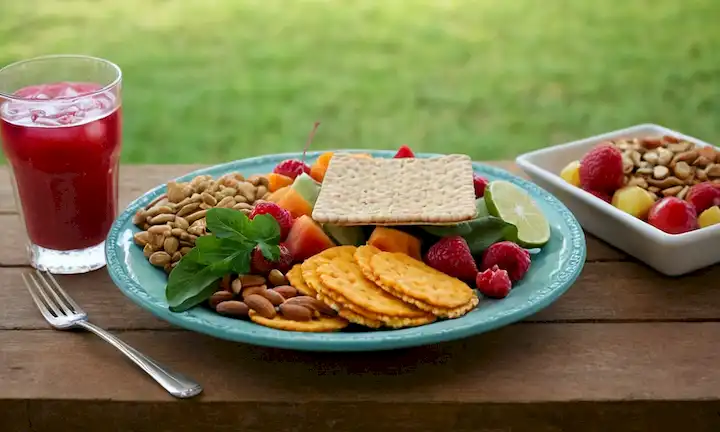 Un plato lleno de frutas y verduras coloridas, un vaso de refrescante bebida, un cuenco de nueces crujientes, una pila de galletas de grano entero, unas cuantas carnes a la parrilla jugosas, una espolvorita de 
<center><img decoding=