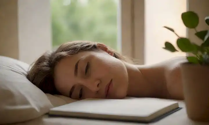 Una persona acostada en la cama, los ojos cerrados, con una expresión pacífica, rodeada de velas calmantes, con un toque sutil de la luz solar de la mañana mirando por la ventana, mientras que su mano descansa en un cuaderno o revista cercana, con unos cuantos bolígrafos y una pequeña planta que añade al ambiente relajante