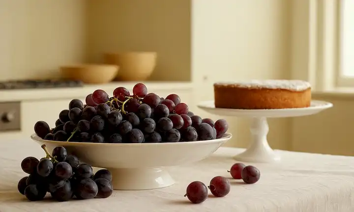 Un tazón lleno de uvas de color púrpura jugosa, unos pocos esparcidos sobre un mantel blanco, una rodaja de tarta o pastel en el fondo, la luz cálida y acogedora, un toque sutil de un entorno de cocina, sin contacto visual directo, enfoque suave en la fruta, fondo borroso para enfatizar el tema principal