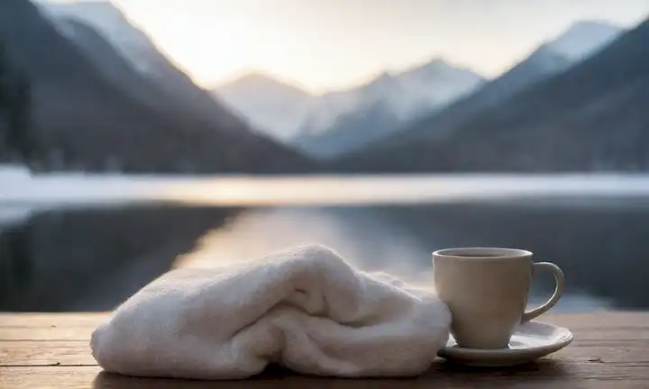 una escena de invierno serena con montañas cubiertas de nieve, un lago o río tranquilo, una figura envuelta en una manta caliente, una taza caliente de cacao en una mesa de madera, vapor que se levanta de ella, y un efecto de enfoque suave para transmitir la coziness