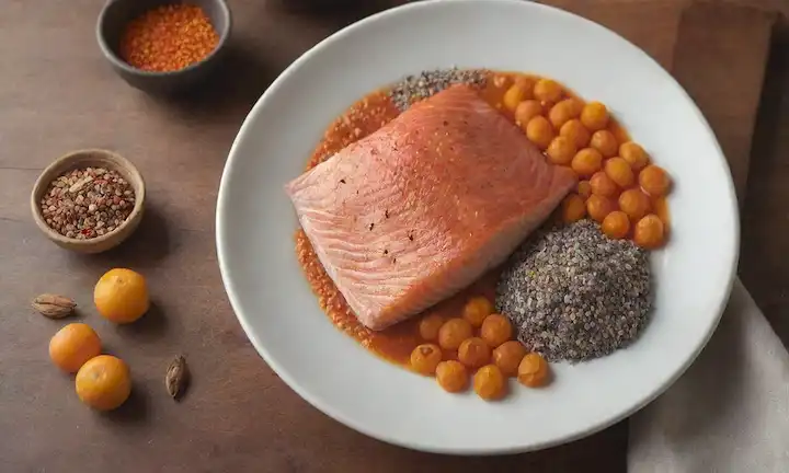 ilustración 3D de una escena cálida, acogedora y nutritiva con un plato de alimentos de colores ricos como peces grasos, nueces, bayas de pantano marino y semillas de chia; rodeado de iluminación sutil y suave; con un toque de calor suave y dorado; transmite sentimientos de comodidad, rejuvenecimiento y protección