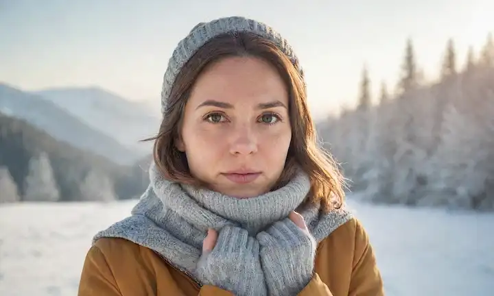Una mujer abrazando un frío paisaje de invierno con frosty arboles y montañas cubiertas de nieve en el fondo, usando un abrigo o una chaqueta caliente con un frente abierto, revelando cápsulas de aceite Omega-7 alrededor de su cuello, con suave luz del sol echando un resplandor suave en su cara, y sutil niebla helada girando alrededor de sus piernas
