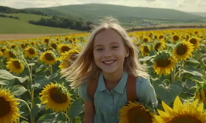 ilustración 3D de girasoles, cara sonriente con aura brillante, paisaje calmante con suaves colinas y nubes, niños sonrientes jugando en un campo, luz cálida fluyendo desde arriba