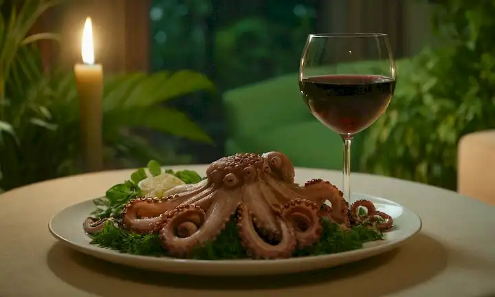 Un plato con un plato de pulpo de vapor, una copa de vino, y una persona descansando en un sofá, rodeado de vegetación exuberante, iluminación suave y una paleta de colores cálidos