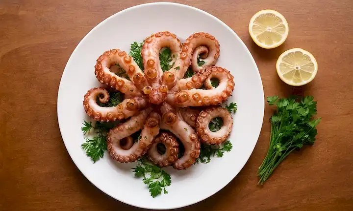 pulpo recién cosechado en un plato con limón rebanado y hierbas, sobre un fondo blanco, iluminado desde arriba; o, Un tazón lleno de anillos calientes cocidos de pulpo a vapor adornados con perejil picado y servido con un lado de pan de ajo; o, Un cierre artístico de un pulpo tierno y carne firme, destacando su textura suculenta