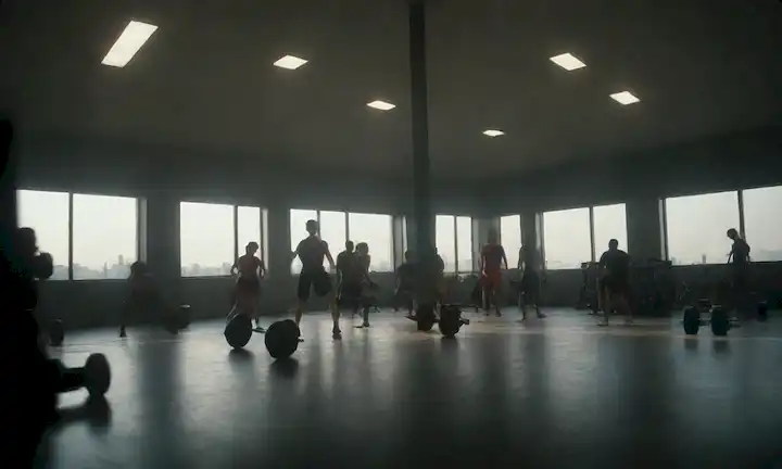 Un gimnasio, posiblemente con una estructura tipo caja en primer plano; atletas levantando pesos o realizando ejercicios en segundo plano; iluminación brillante y movimientos dinámicos para transportar energía y actividad
