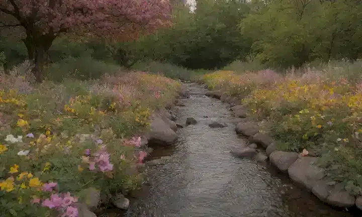 Un paisaje sereno con una suave corriente corriendo a través de ella, rodeado de exuberante vegetación y flores vibrantes, incluyendo flores de breva en tonos de amarillo, naranja y rosa, con hojas y pétalos ligeramente rebosantes en la brisa, y un brillo sutil alrededor de la zona para transmitir un sentido de calidez y serenidad