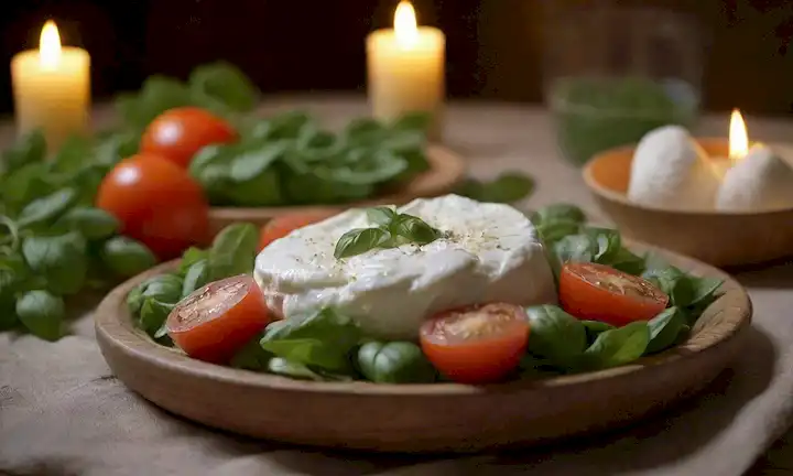 Hojas de albahaca frescas, queso de burrata cremoso, tomates rebanados, bandeja de madera rústica, vela suave, ensalada verde con hierbas, tazón dorado, delicados utensilios de porción, elegante ajuste de mesa, texturas naturales
