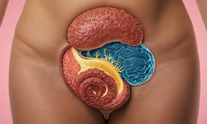 Forro de goma, ilustración del tracto digestivo, síntomas del síndrome de intestino irritable, hinchazón, calambres, diarrea o estreñimiento, rostro infeliz, malestar estomacal, inflamación, iconos de salud intestinal, representación microbioma, órganos del sistema digestivo y elementos calmantes como agua, colores calmados