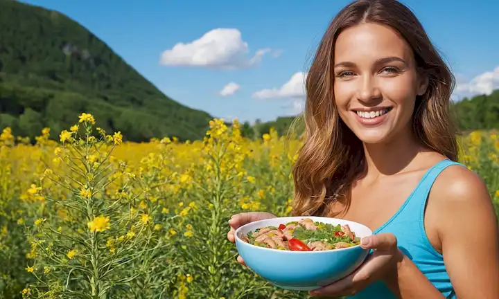 un cuerpo humano con una cara sonriente, intestinos en un estado normal y saludable, una mano que sostiene un tazón de alimentos nutritivos, una pequeña planta que crece dentro de los intestinos simbolizando la buena salud intestinal, un cielo azul brillante o sol para representar la felicidad y el bienestar, sin signos visibles de dolor o incomodidad