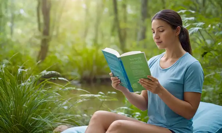 ilustración 3D de salud intestinal con fibras de colágeno, bacterias probióticas y enzimas beneficiosas, rodeadas de un entorno natural relajante con colores calmantes como azules y verdes, con una persona en el fondo con una expresión relajada, posiblemente participando en una actividad suave como leer o estirar