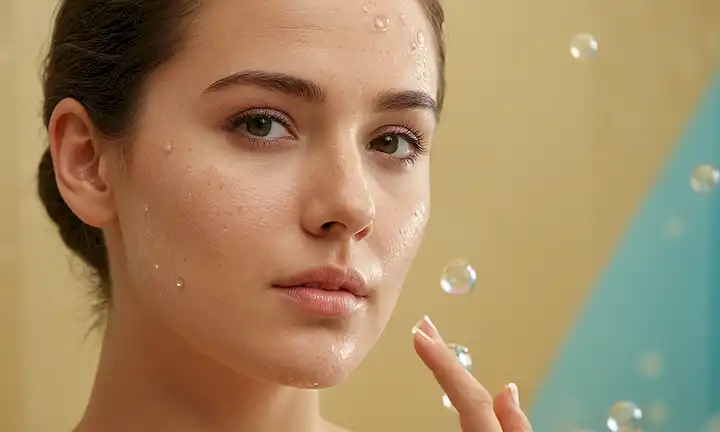 Modelo facial 3D con textura de la piel, fondo de enfoque suave, iluminación suave, esponja en la mano, burbujas de jabón, colores calmantes, gotas de agua sutil, cremas faciales y lociones dispersas alrededor