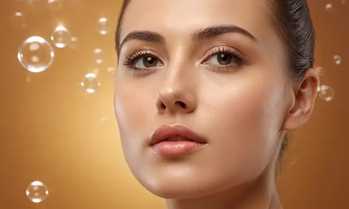 Modelo de cara 3D con suaves burbujas de jabón surgiendo de un cepillo suave, rodeado de un brillo sutil y un fondo de enfoque suave