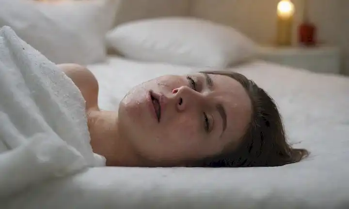 Una persona acostada en una cama con drool goteando de su boca, rodeada de un fondo borroso de almohadas y mantas, con un tiro de gotas saliva cayendo sobre una hoja blanca, destacando la escena desordenada pero pacífica