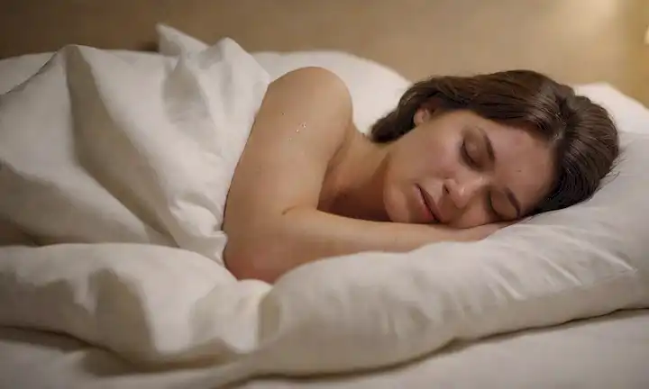 ilustración 3D de una persona durmiendo en su lado con drool goteando de la boca, curvas suaves de almohadas y sábanas, fondo de enfoque suave con textura sutil, iluminación cálida y calmante con pequeñas sombras