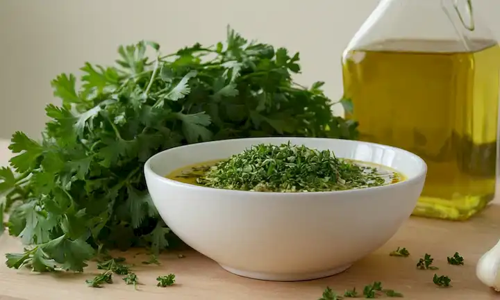 Una calabacín fresca en un fondo blanco, con ligero enfoque suave y luz natural cálida, acompañada de algunas ramitas de perejil fresco o tomillo, y posiblemente un pequeño tazón de aceite de oliva y ajo cerca