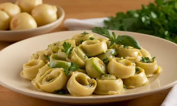 Un plato de tortellini dorado lleno de una suave y cremosa mezcla de calabacín y cebollas, rodeado de hojas de perejil frescas, con un cálido fondo beige o de color crema, con un toque de amarillo del calabacín mirando hacia fuera, evocando un sentido de comodidad y cocina italiana
