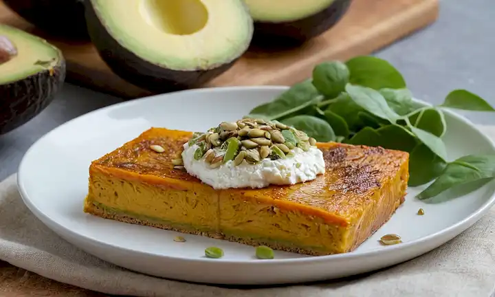 Una rebanada de calabaza tostada cálida, dorada y ligeramente crujiente colocada sobre una placa blanca, rodeada de hojas verdes frescas, con unas cuantas rebanadas de aguacate cremoso, algunas semillas tostadas y una espolvorosa de queso de feta crumbly, situada en un fondo suave y natural, que transmite un sentido de comodidad, sencillez y abundancia