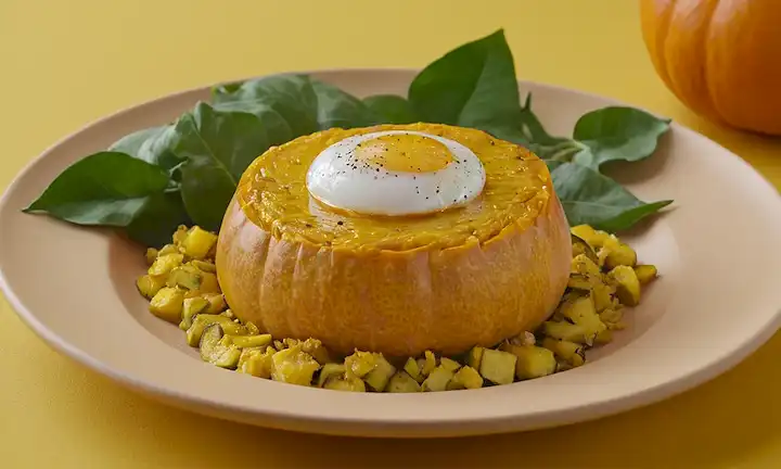 Una placa de tono cálido con una calabaza dorada y mezcla de calabacín, rematada con un delicado diseño de lavado de huevo, rodeada de hojas verdes frescas, puestas en un fondo naranja suave o amarillo