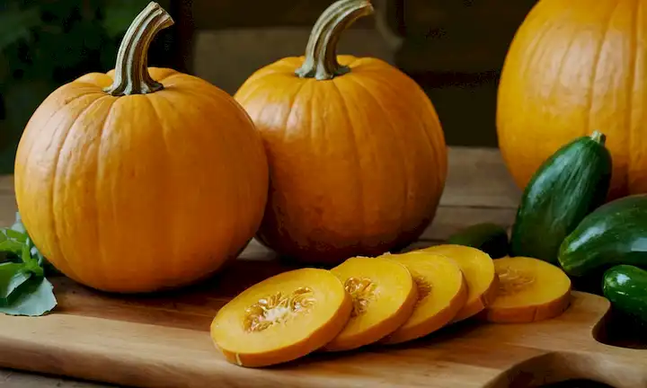 calabazas de oro y calabacín rebanadas en gruesas rondas en una tabla de corte rústica de madera, rodeada de hojas verdes frescas y luz amarilla suave que se derrama desde fuera de pantalla, con unos pocos wisps estratégicamente colocados de vapor para crear un sentido de calidez y coziness