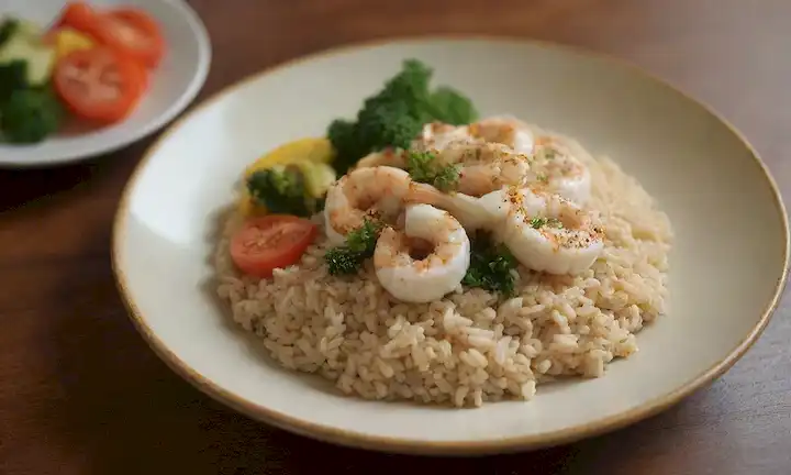 Un plato de calamares al vapor con un lado de verduras coloridas, una pequeña porción de arroz marrón y una gota de aceite de oliva, en una mesa de madera rústica rodeada de vegetación exuberante, con una luz de oro caliente