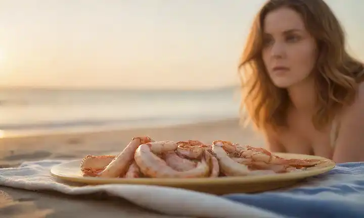 Una escena oceánica tranquila y serena con un enfoque en una persona acostada en una toalla de playa, sosteniendo un plato de calamar asada; una brisa suave sopla a través de su cabello; el sol se pone detrás de ellos, arrojando una luz de oro caliente; el fondo está borroso, con ondas débilmente visibles y criaturas marinas; el tono general es calmante y acogedor