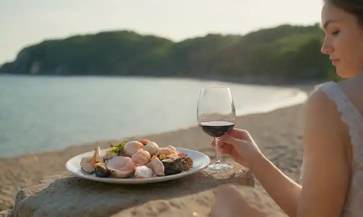 Una escena de playa serena con un mar tranquilo en el fondo, con una persona sentada en una roca, sosteniendo un plato de mariscos y una copa de vino, rodeado de exuberante vegetación, cálida luz del sol, y unas pocas marismas dispersas