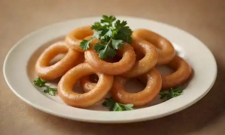 Anillos de calamares dorados, perejil fresco rociado en la parte superior, sirviendo plato en un tono cálido, fondo de enfoque suave con sombras suaves, colores brillantes inspirados en mariscos