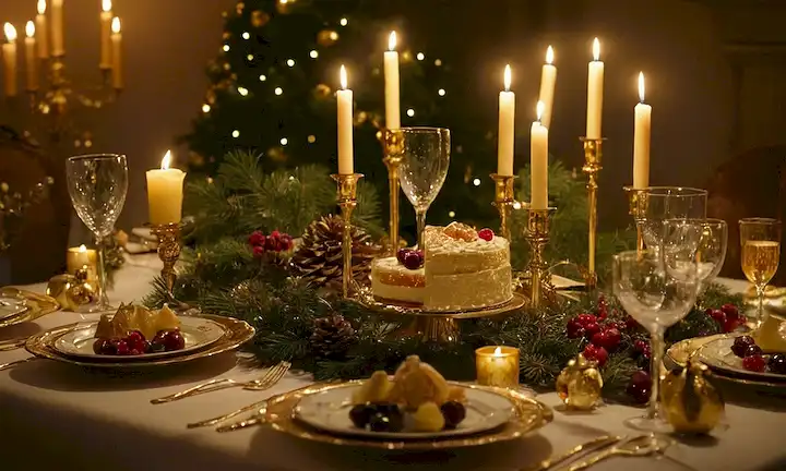 Armadura de mesa festiva iluminada con una variedad de postres coloridos