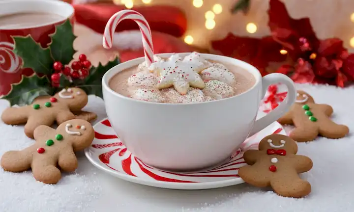 Imágenes 3D de golosinas festivas de vacaciones, remolinos coloridos de cañas de caramelo, galletas de azúcar con patrones holly, hombres de jengibre con diseños de hielo, y una copa de cacao caliente de vapor, todo en un fondo blanco nevado