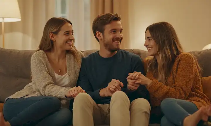 3 personas, sonriendo, sentado en un sofá, manos conteniendo, fondo borroso, iluminación cálida, ambiente relajado, gestos juguetonos