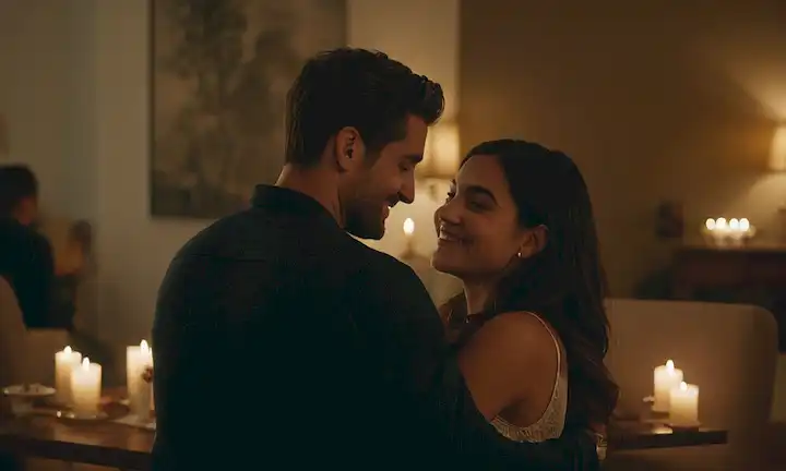 2 parejas abrazando, agarrando las manos, sonriendo, ambiente íntimo, sala iluminada, velas sobre una mesa, muebles cómodos, música suave en el fondo