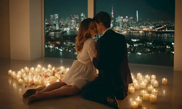 2 personas abrazando en una habitación brillante con vistas al paisaje urbano, velas encendidas y flores en el suelo