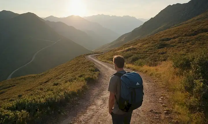 Un camino de viento, montañas en el fondo, puesta del sol, atmósfera de misty, terreno accidentado, una figura individual, mochila en, mirando atrás, expresión contemplativa