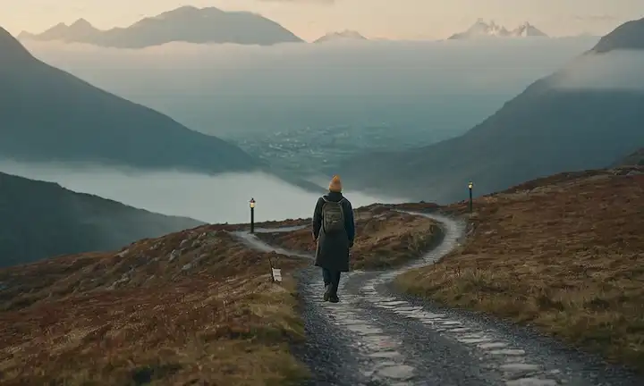 Una persona de pie en una encrucijada, mirando hacia abajo un camino de viento, con un fondo borroso, usando una gorra de pensamiento, sosteniendo una brújula y una linterna, rodeada de niebla, con montañas a la distancia, con un brillo sutil alrededor de ellos
