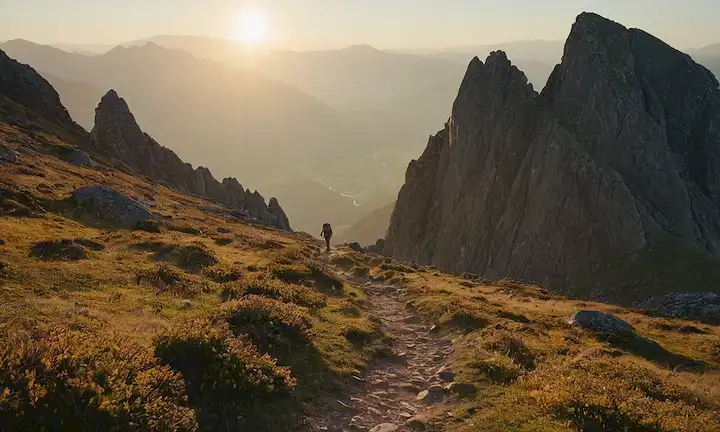 Un camino de montaña enrollable, un excursionista determinado, el resplandor del amanecer, el paisaje escarpado, los valles de la niebla, las rocas cerdas, las montañas distantes, las águilas amargas, la luz dorada, las sombras