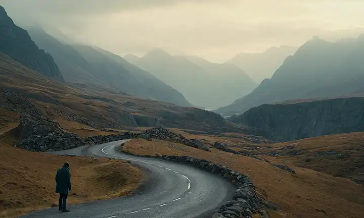 Un paisaje robusto, picos montañosos en el fondo, caminos sinuosos, una figura solitaria de pie en una encrucijada, expresión insegura o contemplativa, pensamiento profundo, sombras lanzadas por las rocas circundantes, atmósfera de mal gusto, iluminación dramática, terreno áspero, caminos sin marcar, viajes comienzan