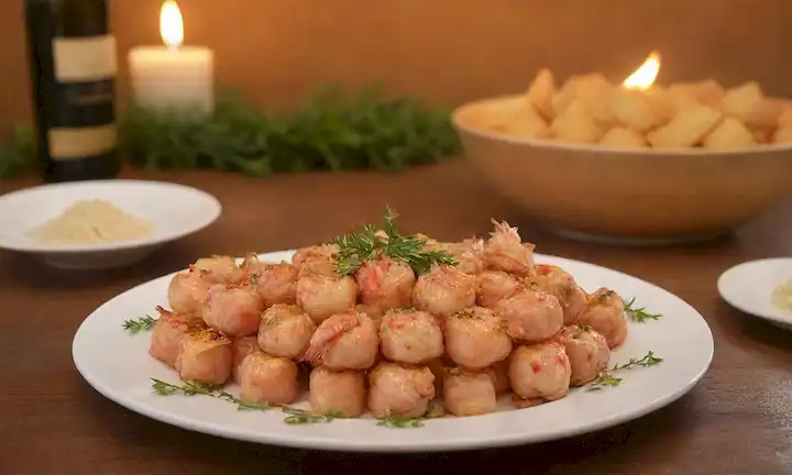 Una imagen de tono cálido, una mesa de madera rústica, un tazón de asado de langostino dorado, canapés crujiente dispuesta articulosamente, boniatos frescos rebanados y arreglados junto a los langostinos, algunas ramitas de vegetación, iluminación suave, un fondo borroso con toques de un ambiente festivo