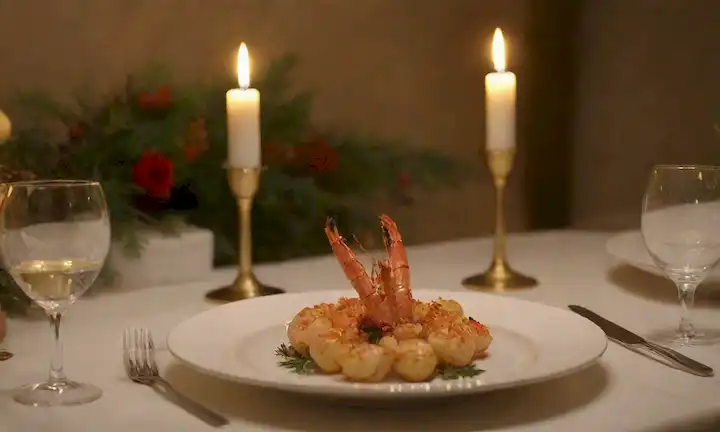 Lujosa iluminación dorada, elegante escenario de mesa, langoustines arreglados artísticamente, patatas cortadas delgadamente, copas de champán tostadas, velas encendidas, adornos festivos de holly y mistletoe, fondo de enfoque suave con sutiles colores de vacaciones